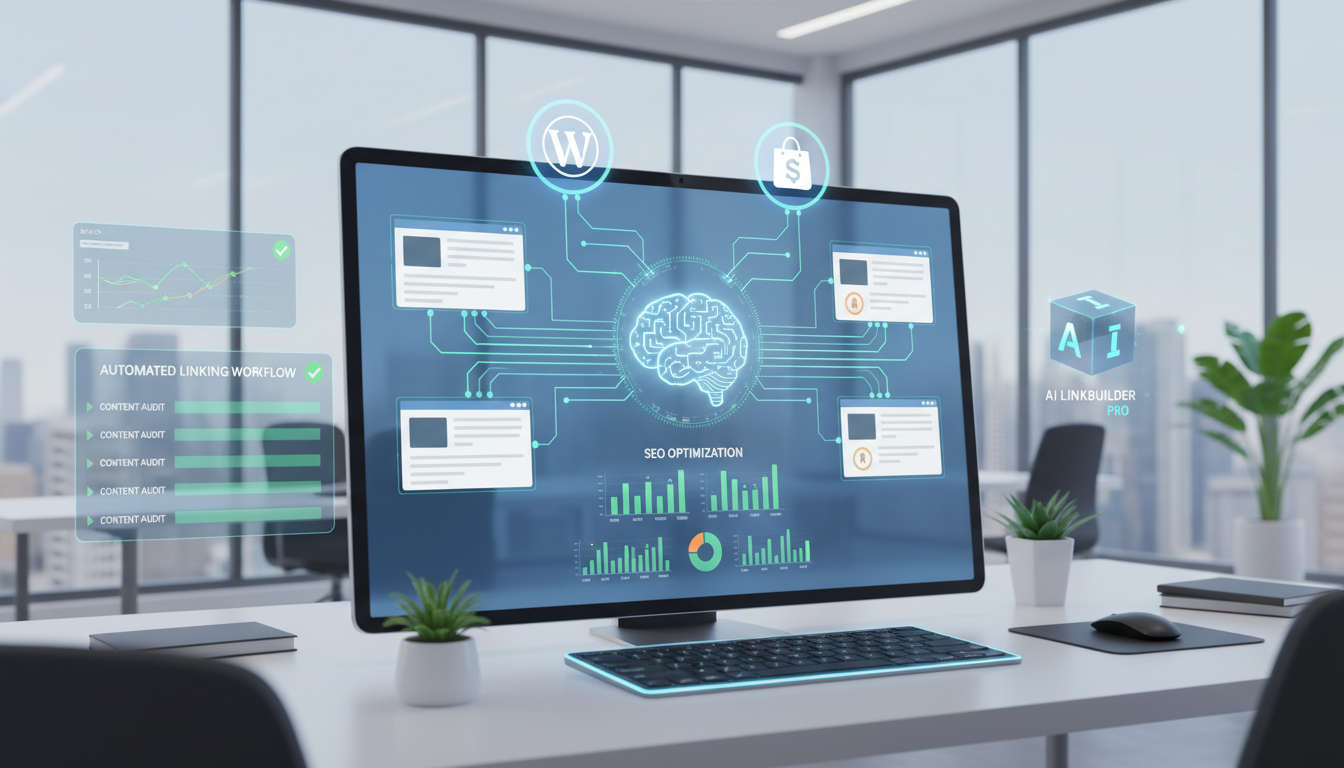 A modern digital workspace showing AI-powered automation connecting internal links across WordPress and Shopify sites with SEO optimisation elements and technology workflow visualisation.