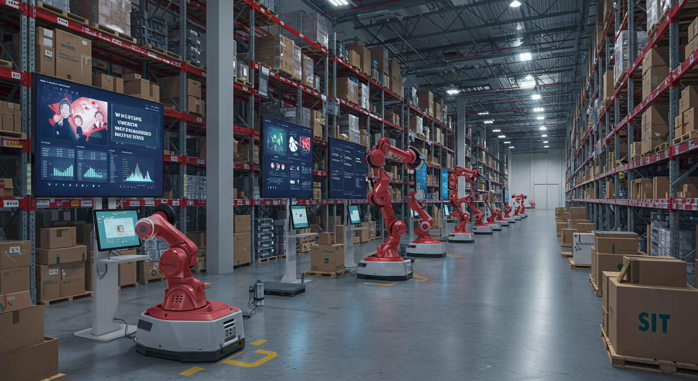 An AI-powered warehouse with robots and digital screens displaying real-time inventory data and stock alerts in a modern e-commerce fulfilment centre