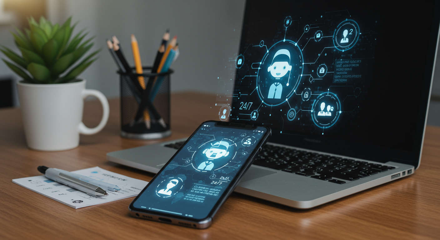 Modern workspace with laptop and smartphone showing AI chatbot interfaces symbolising 24/7 customer support automation for small businesses