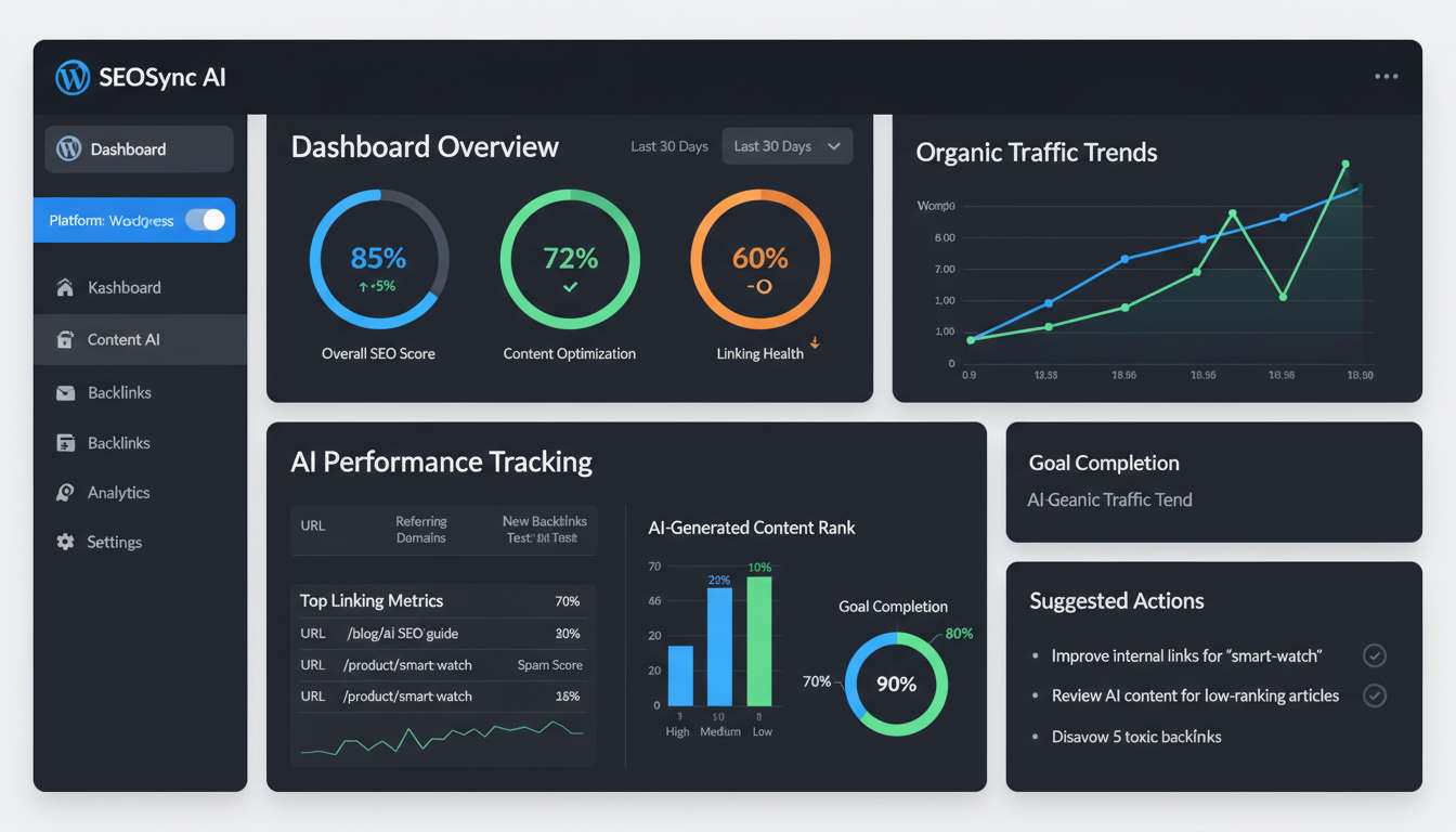 A user-friendly dashboard interface for SEO automation tools on WordPress and Shopify with graphs, linking metrics, and AI performance tracking visuals