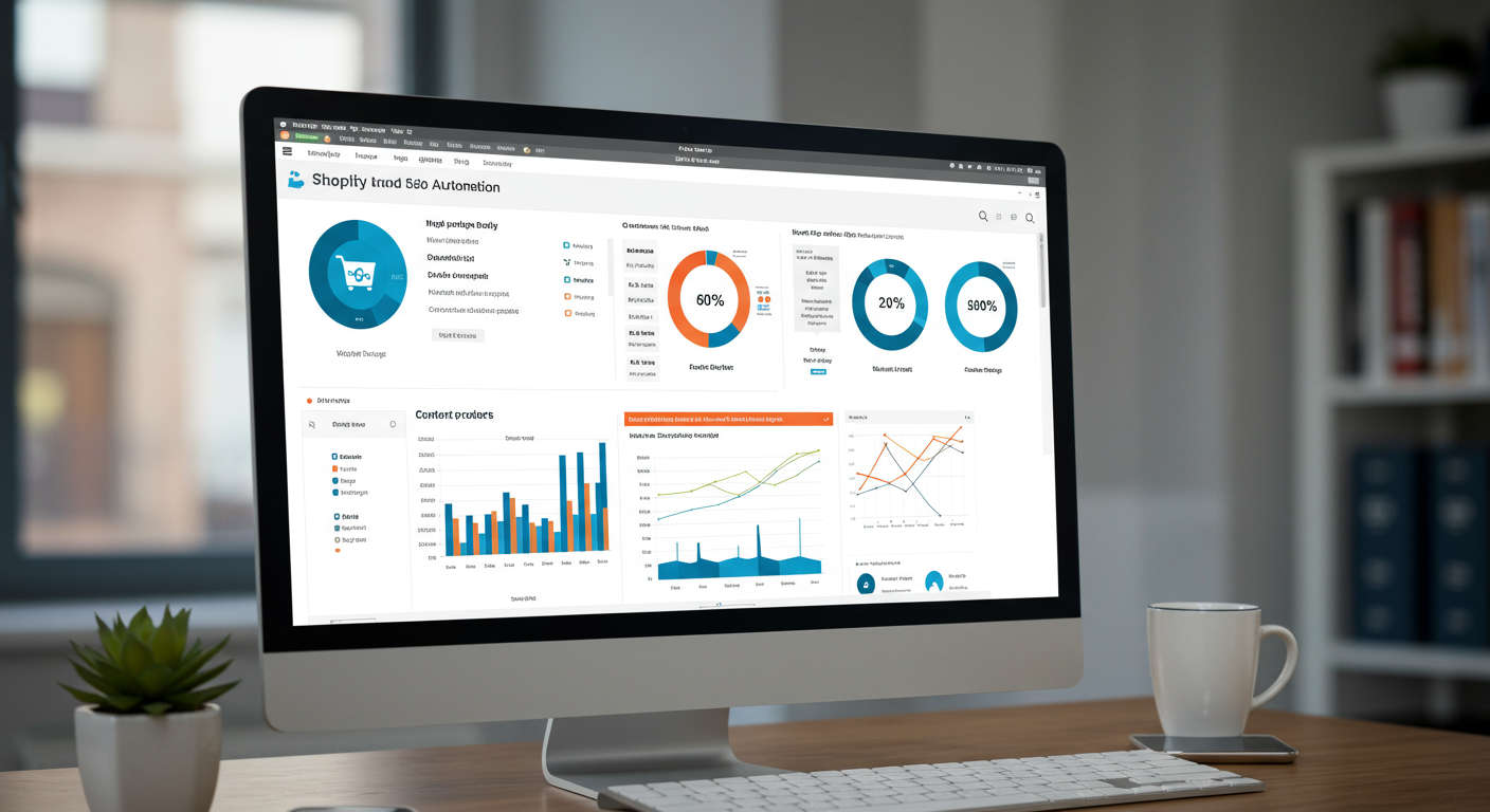 A modern e-commerce Shopify store dashboard on a computer screen showing AI-powered content automation for SEO blog posts, with charts, content previews, and keyword analysis, vibrant and professional style