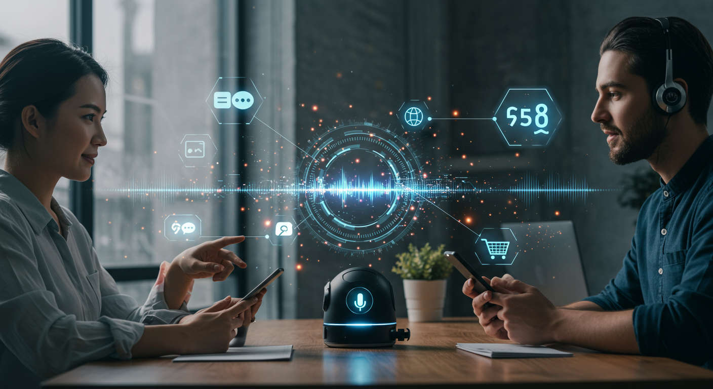 A futuristic customer service scene with an AI voice assistant communicating with diverse customers via smartphones and computers, featuring voice waveforms and digital network connections.