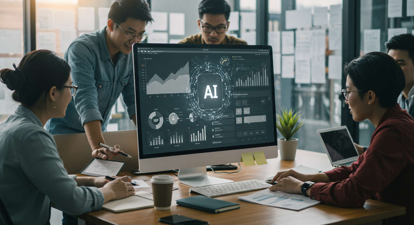 A modern office environment showing an AI interface on a computer screen planning a content calendar with graphs, charts, and digital assistants, surrounded by a diverse team of small business people collaborating, emphasising automation, efficiency, and technology in marketing and SEO content planning.