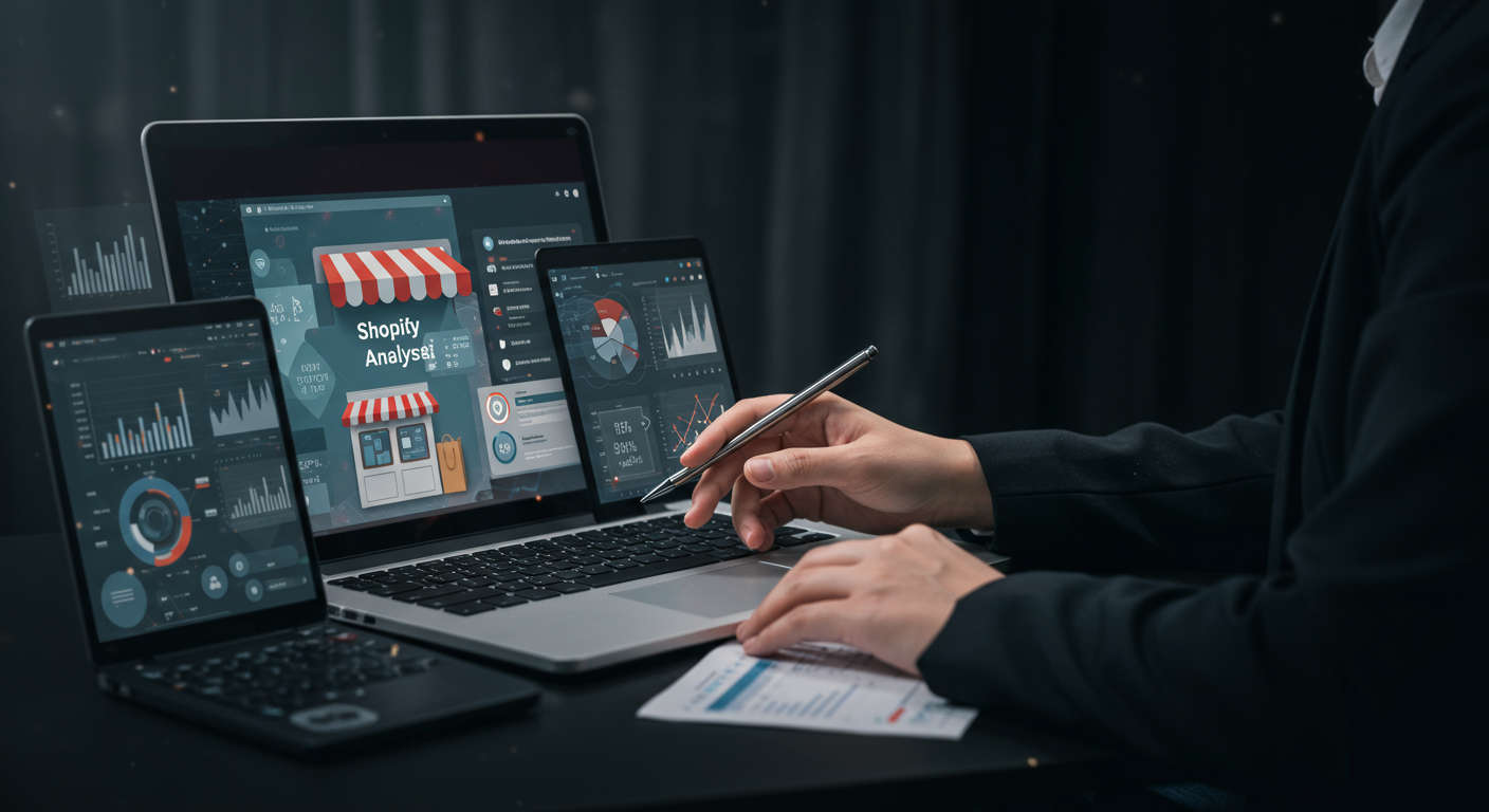 Modern e-commerce concept with AI technology analysing competitor prices, Shopify store interface on laptop, and dynamic pricing strategy graphs