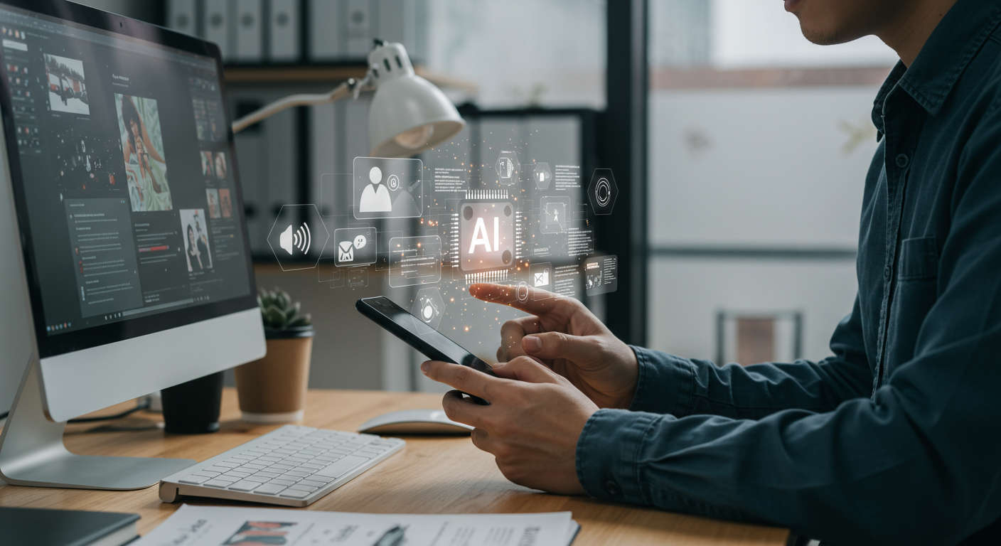 A small business owner using a computer and smartphone displaying multiple types of media: text, images, and audio icons manifesting AI multimodal capabilities in a modern office.