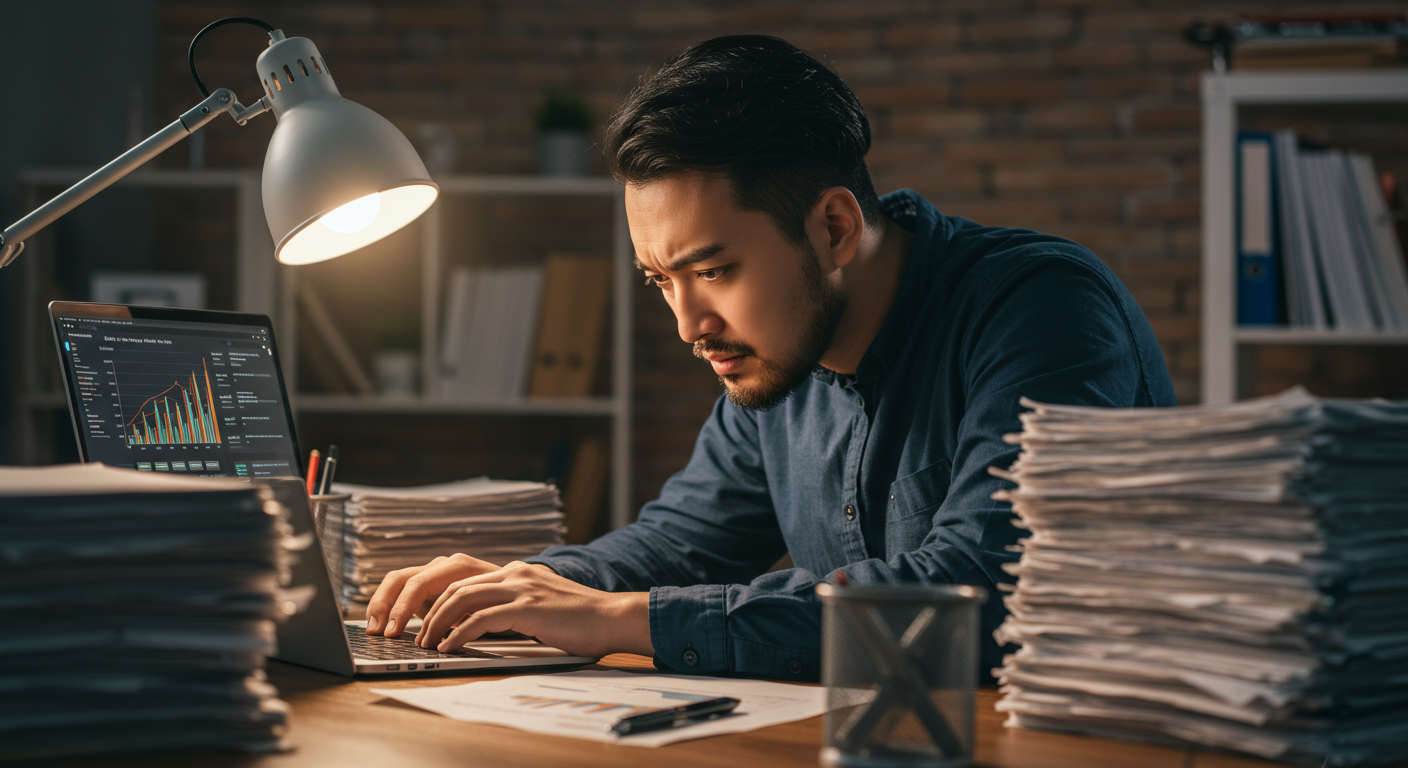 Small business owner overwhelmed with manual backlink outreach tasks and high costs in office