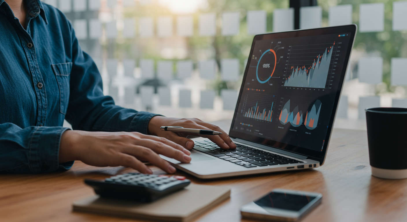 Small business owner analysing AI-driven competitor insights on laptop, with charts, graphs, and market data visualisations on screen, modern office background, natural light