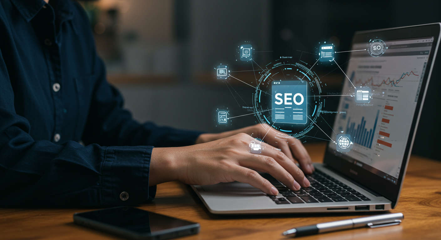 A small business owner using a laptop to manage SEO on Shopify and WordPress, with visual elements representing AI and automated internal linking connecting different website pages visually