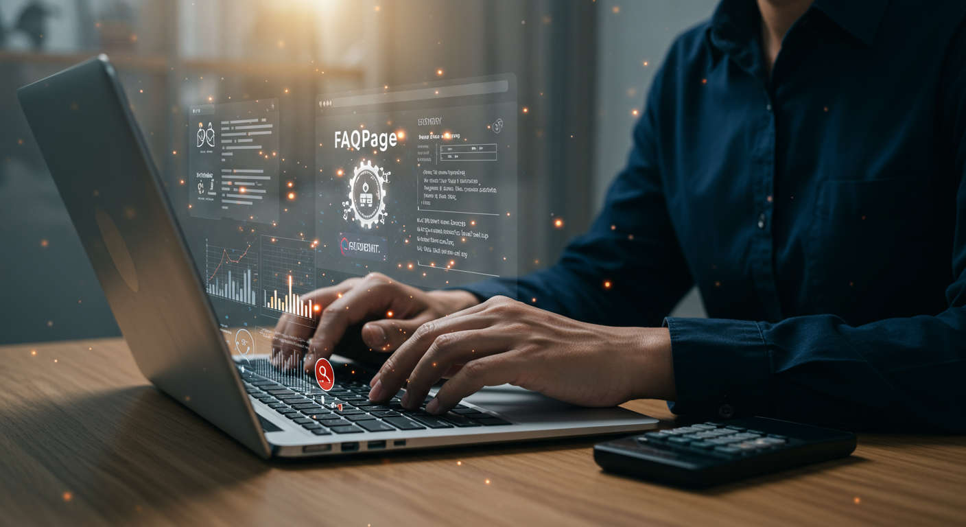 Ecommerce business owner deploying FAQPage schema markup on Shopify and WordPress websites, highlighting SEO benefits and increased site traffic
