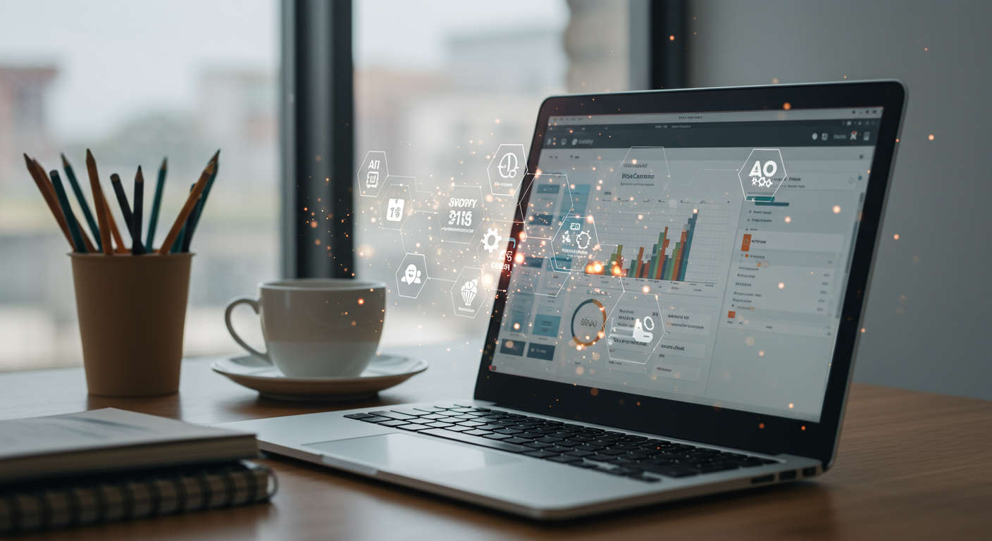 Modern e-commerce workspace with laptop showing Shopify and WooCommerce dashboards, surrounded by AI and SEO digital icons representing automation and product description optimisation for small businesses.