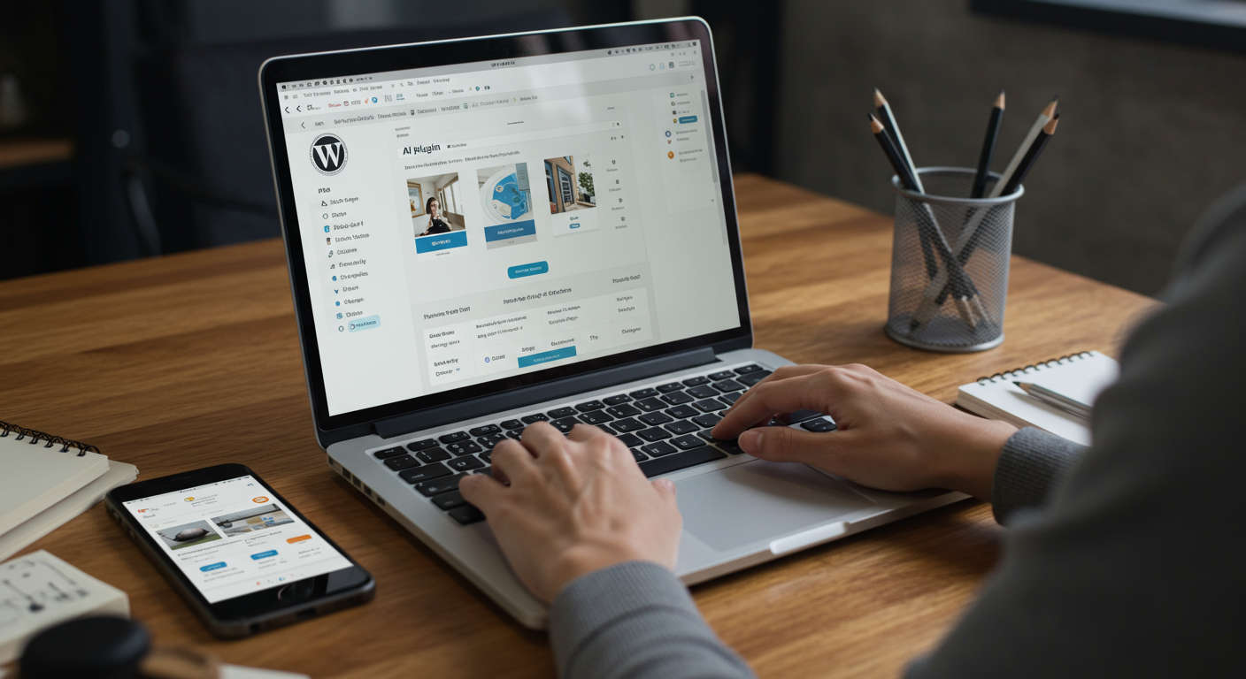 A small business owner using a laptop with a WordPress dashboard open, showing AI plugin installation and onboarding process, modern and clean workspace, mobile-friendly setup visible on a smartphone nearby