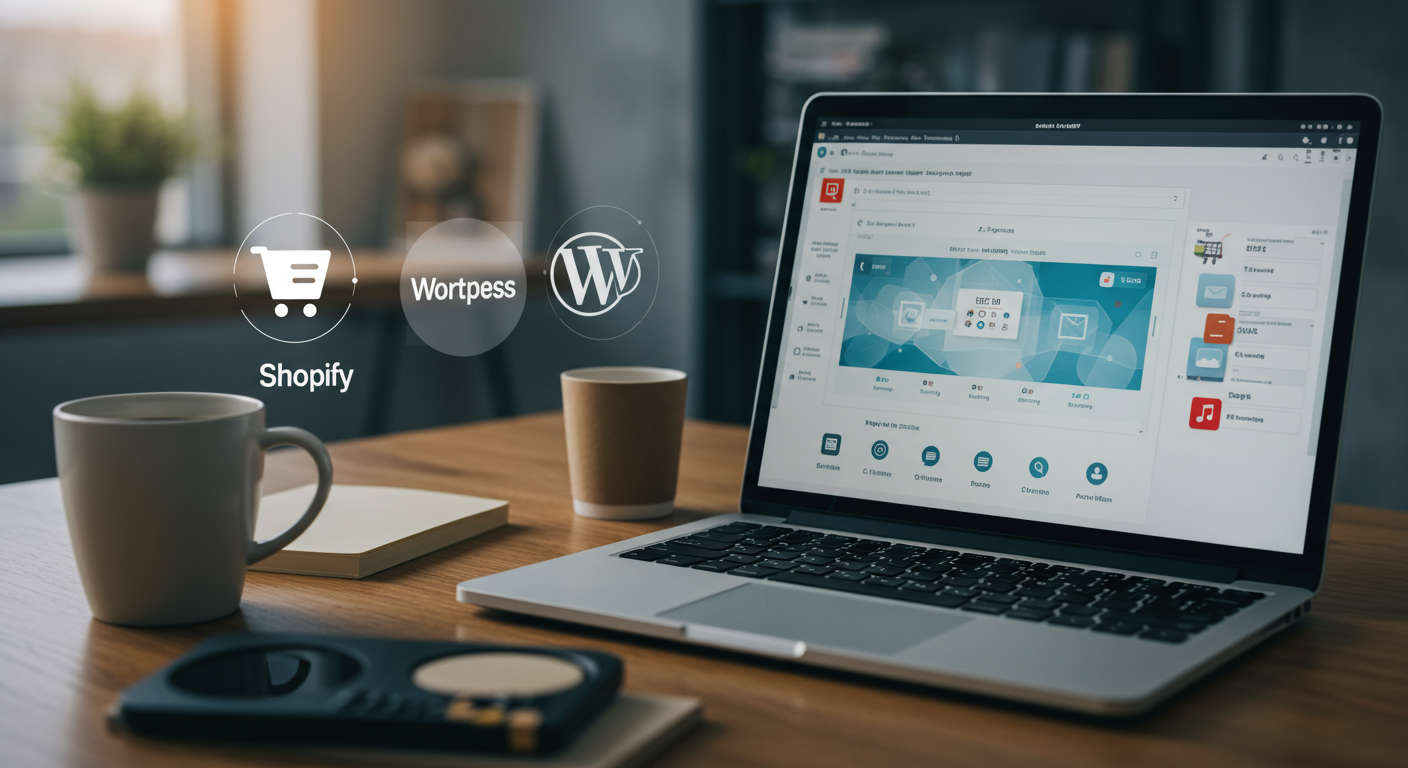 Modern ecommerce workspace showing laptop with email marketing dashboard, Shopify and WordPress logos, representing AI-driven seamless email marketing automation for SMBs and startups