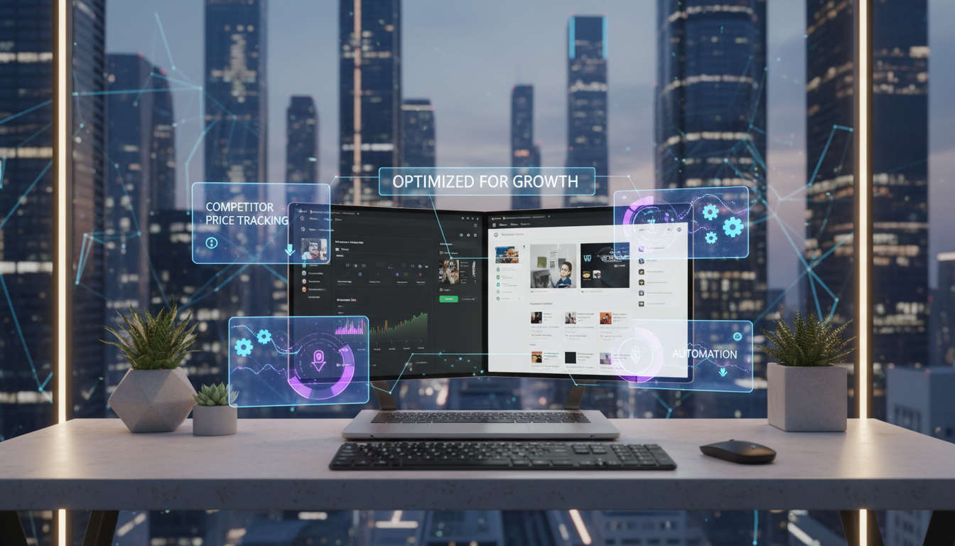 Modern e-commerce workspace with a laptop showing Shopify and WordPress dashboards, AI data streams, and charts symbolising competitor price tracking and automation in a futuristic business setting