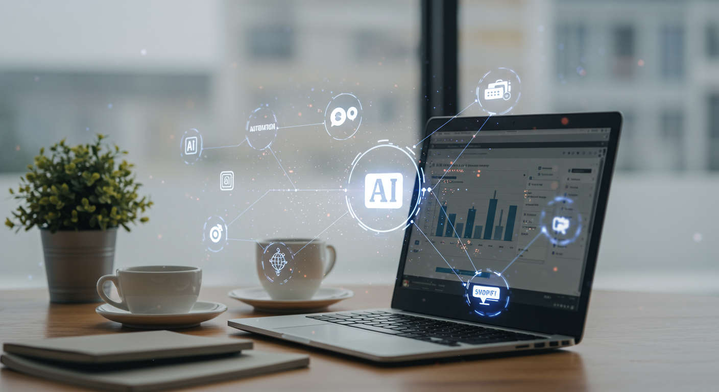 Modern workspace with laptop showing WordPress dashboard, AI virtual assistant icons, and digital automation elements representing no-code AI onboarding and autonomous publishing integration with Shopify and Telegram.