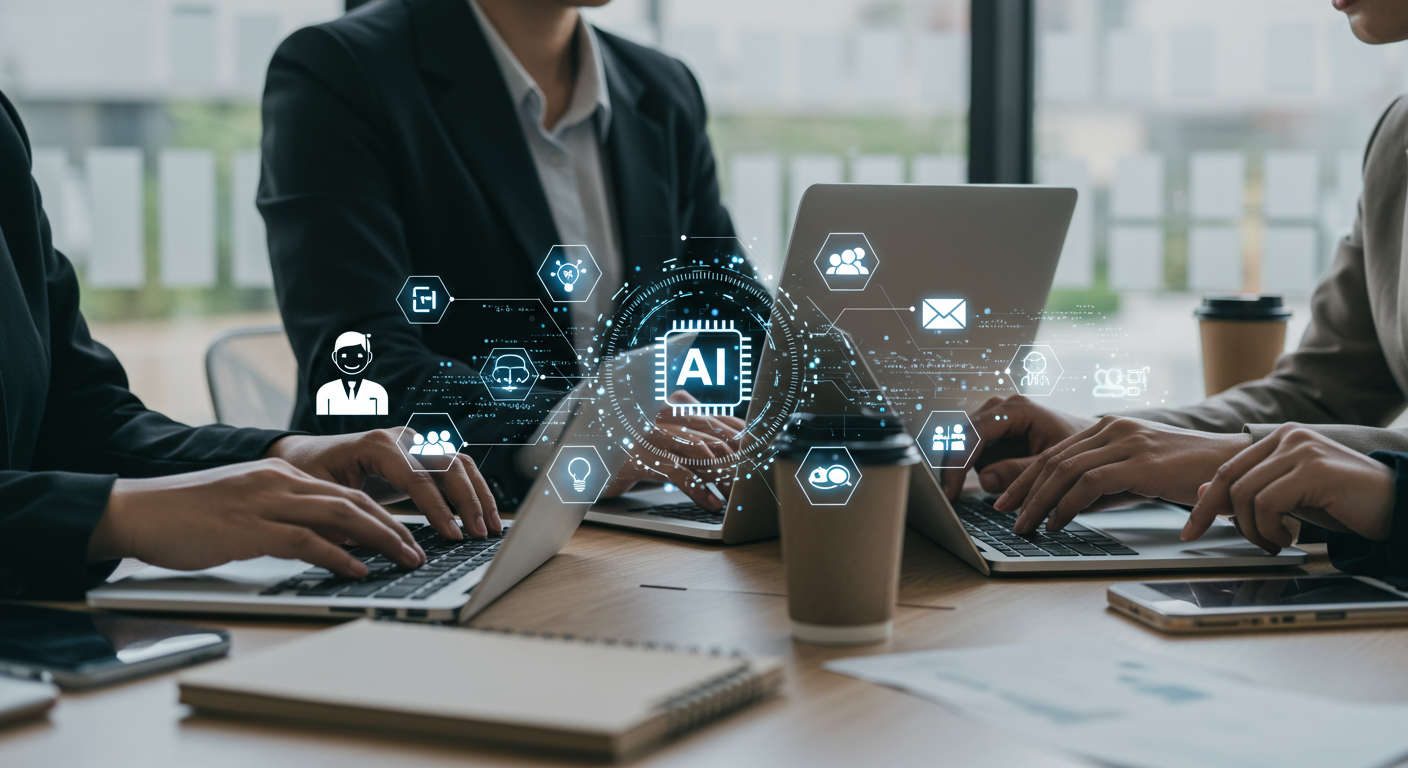 Small business owners using AI technology with digital icons for lead generation and automation in a modern office setting