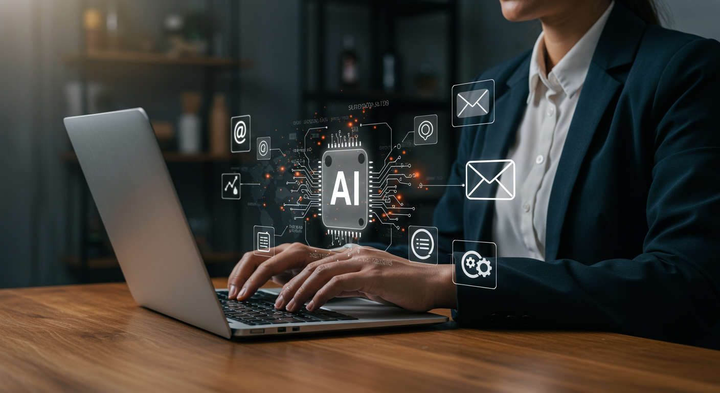 Small business owner using AI technology on a laptop with email automation and integration icons representing AI email marketing automation for SMBs