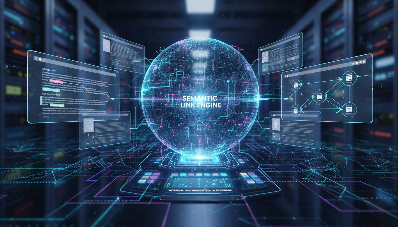A dynamic AI-powered system analysing content and generating internal links across website pages, showing semantic connections and digital network
