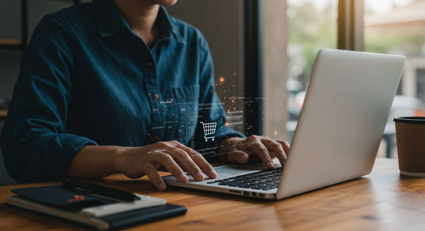E-commerce store owner using AI technology on a laptop to optimise Shopify and WooCommerce product descriptions, showing happy customer browsing online shop