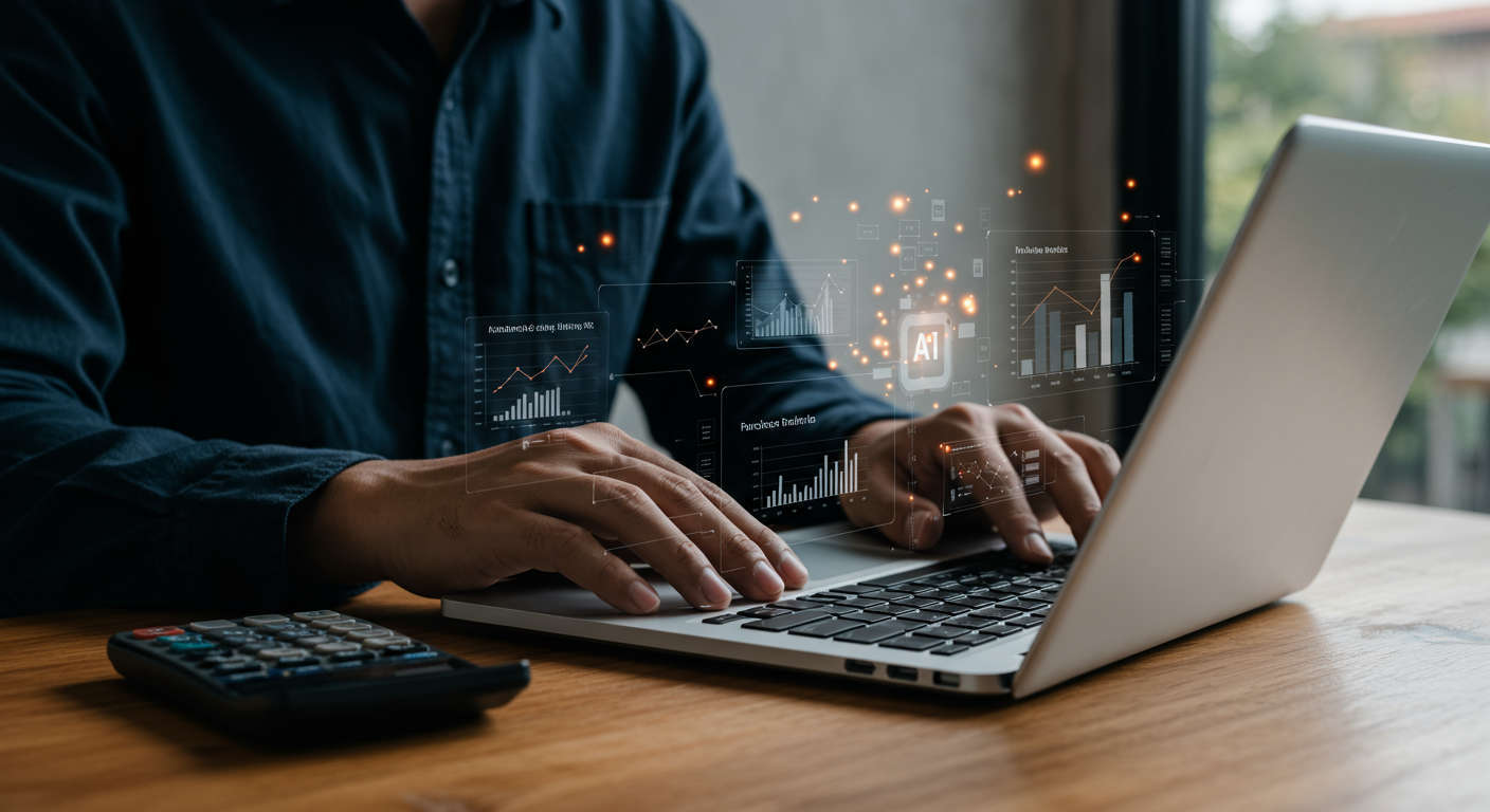 A small business owner using AI automation on a laptop, surrounded by charts showing automated reorder workflows and purchase orders being processed autonomously