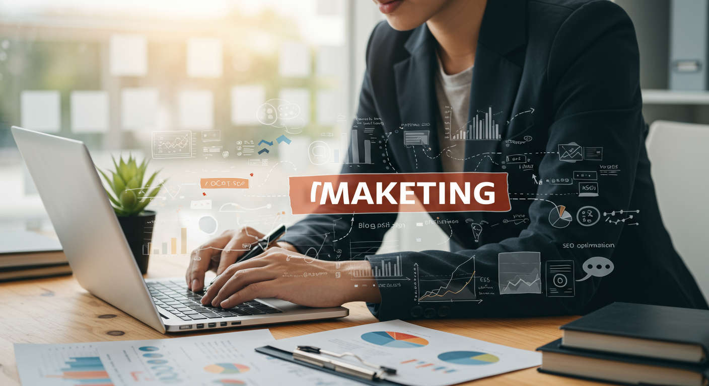 Small business owner working on a laptop surrounded by charts and graphs illustrating content marketing challenges such as limited budget, SEO optimisation, and posting consistency