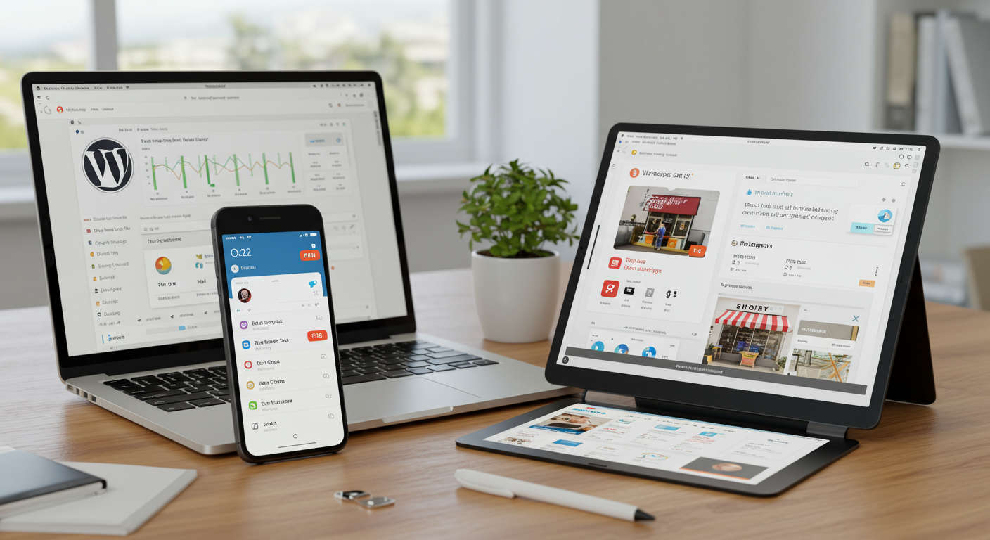 Modern workspace showing WordPress dashboard on laptop, Telegram notifications on smartphone, and Shopify store on tablet symbolising AI automation and digital marketing integration for SMBs and startups