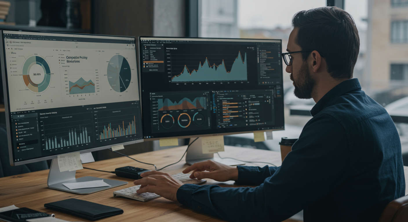 A Shopify store owner analysing competitor pricing and marketing trends on multiple screens featuring graphs and reports, highlighting AI-powered insights for ecommerce strategy