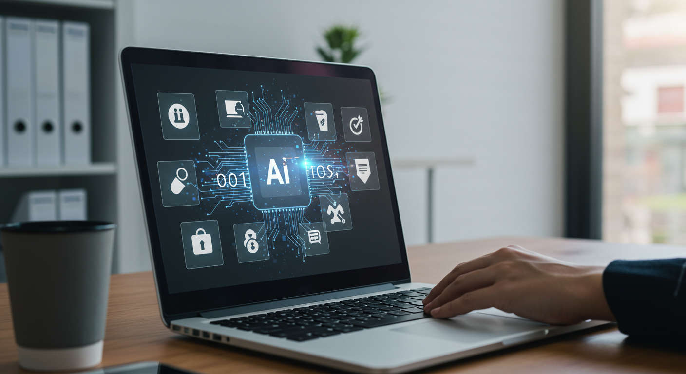 An AI-powered agent automatically generating product descriptions on a laptop screen for an ecommerce business owner, showing diverse products like electronics and apparel around, in a bright modern office environment