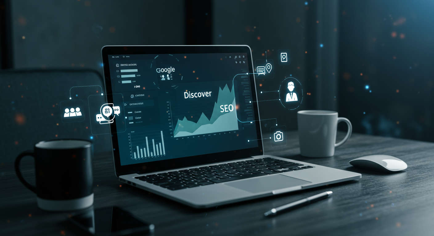 Modern digital workspace with laptop displaying SEO analytics and Google Discover insights, surrounded by AI and content publishing symbols, representing autonomous AI content optimisation for SMBs