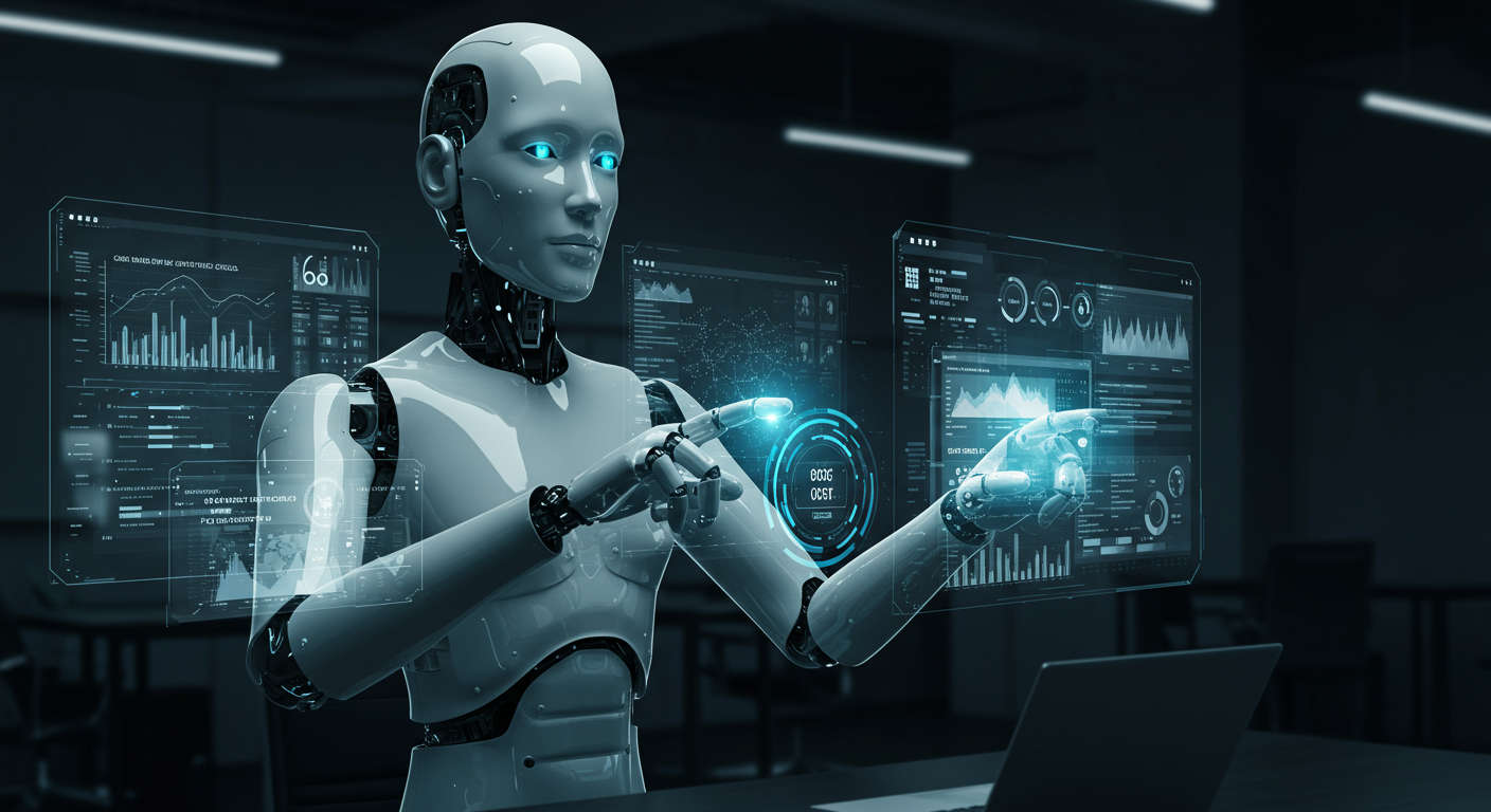 Futuristic AI virtual employee analysing data on multiple screens, autonomously generating and publishing SEO blog posts through WordPress and Shopify platforms