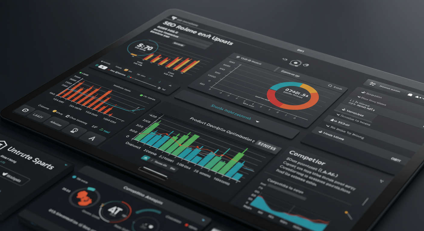Dashboard showing automated AI updates, SEO performance graphs, product description optimisation and competitor analysis for online store