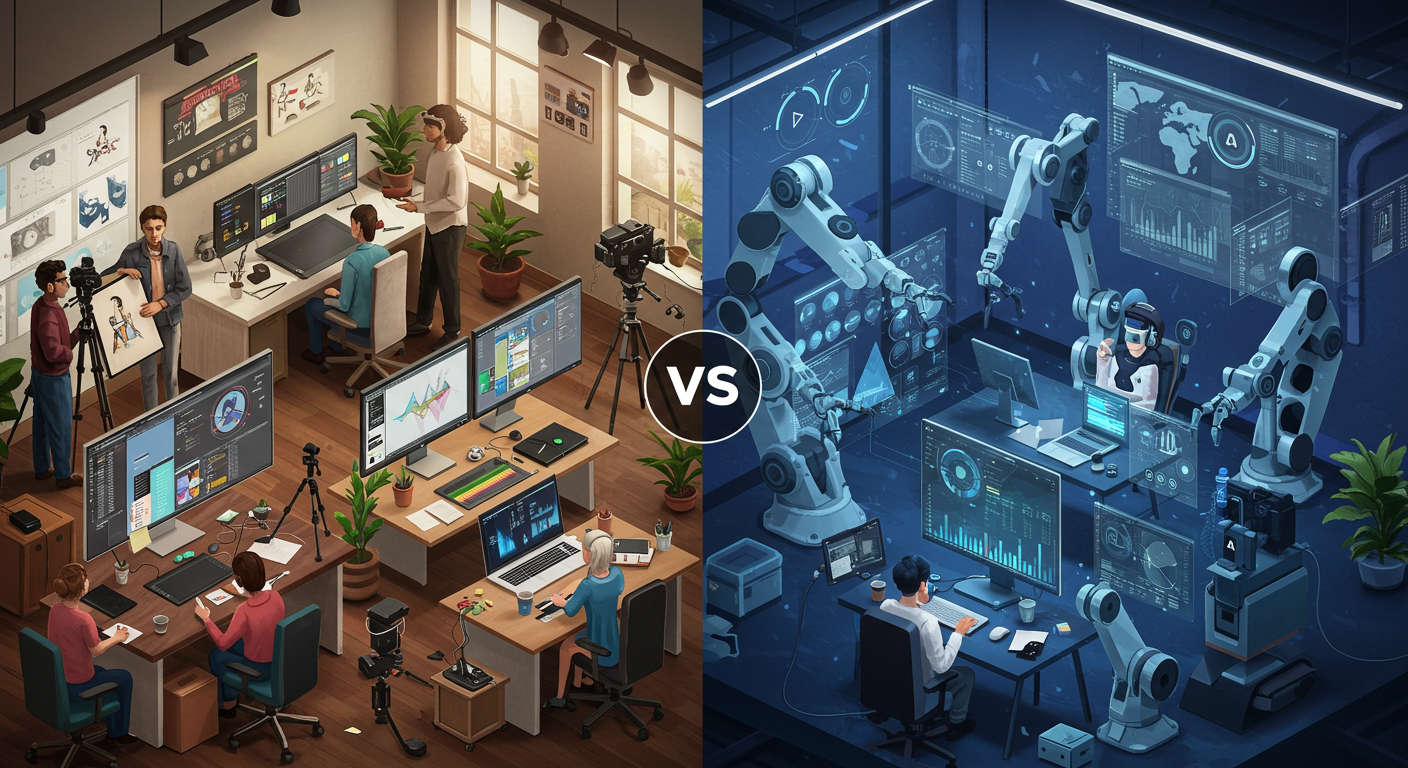 Comparison of traditional content creation with freelancers versus AI autonomous content agents, visualising cost, time, and productivity differences in a creative workspace