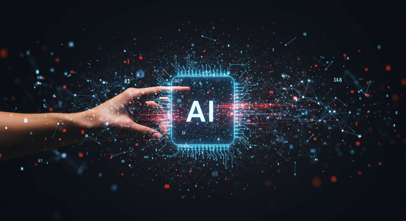 A futuristic AI breakthrough in technology with digital neural networks and data streams, representing innovation in AI for small businesses and startups