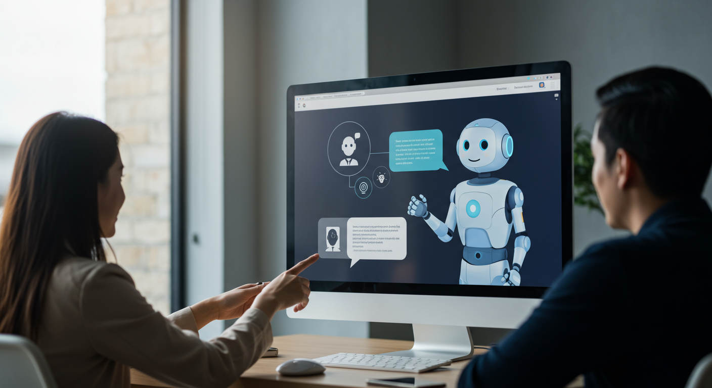 Friendly AI chatbot assistant interacting with customers on a website screen for lead generation in a small business