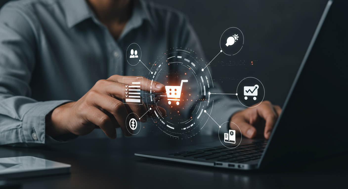 Automated workflow process with AI virtual assistant monitoring competitor prices, keywords and market trends, digital interface with icons representing tasks, seamless integration with WordPress and Shopify plugins