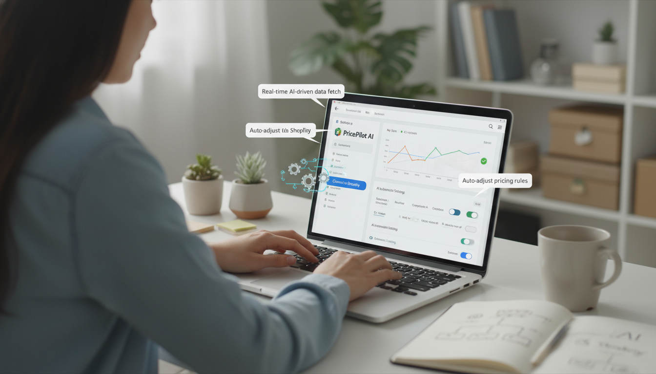 Small business owner setting up AI-powered competitor price tracking on a Shopify store using a laptop, with a focus on AI automation, Shopify interface, and seamless integration