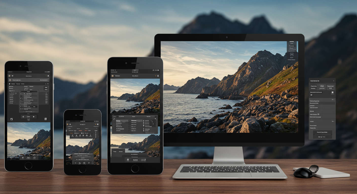 High-quality large digital images displayed on various devices, optimised for mobile and desktop, showing image compression and SEO attributes like alt-text and filenames, suitable for Google Discover content