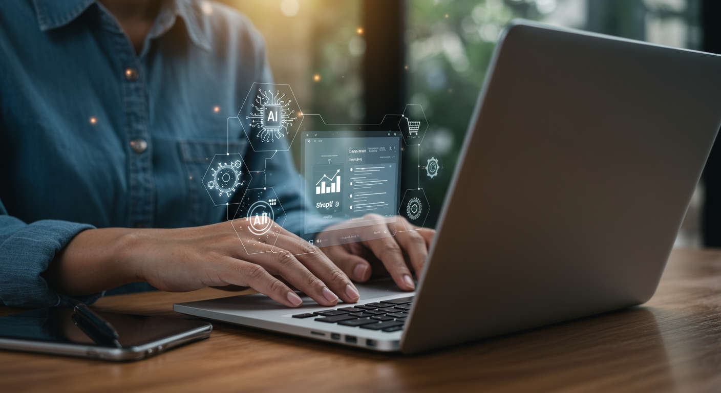 A small business owner using a Shopify app on a laptop to automate creating SEO-optimised product descriptions for their e-commerce store, with icons representing AI and automation