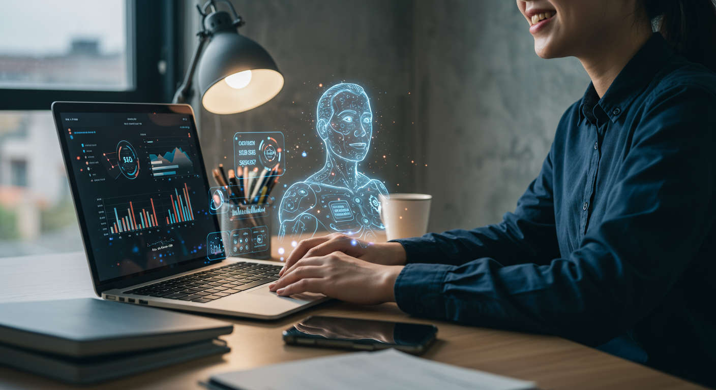 Modern office workspace with laptop showing SEO analytics and AI digital assistant hologram, representing AI-powered content creation for small businesses