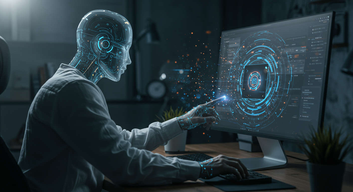 An AI agent working autonomously on a computer screen managing ecommerce seasonal marketing tasks such as content scheduling, keyword research, and campaign optimisation, futuristic and professional style