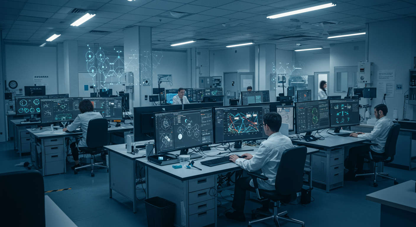 High-tech research lab with scientists working on large-scale multimodal AI architectures and reinforcement learning experiments