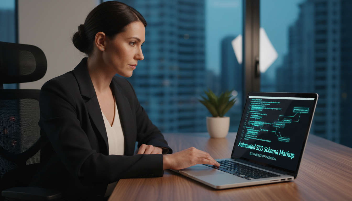 A business owner looking at a laptop screen displaying structured data, JSON-LD code blocks glowing on screen, representing automated SEO schema markup process for ecommerce website optimisation