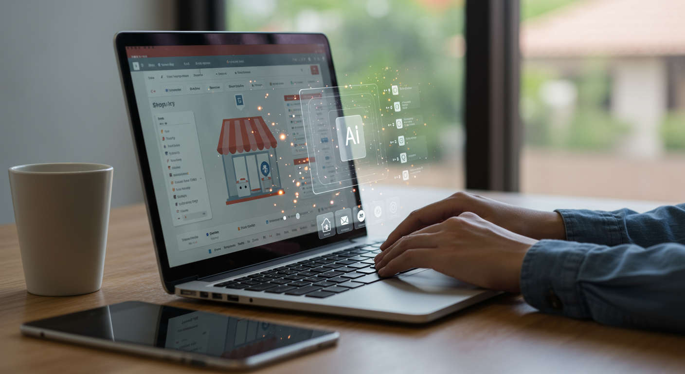 A small business owner using AI automation on a laptop with Shopify store dashboard and AI virtual assistant interface visible, modern office background, bright and professional