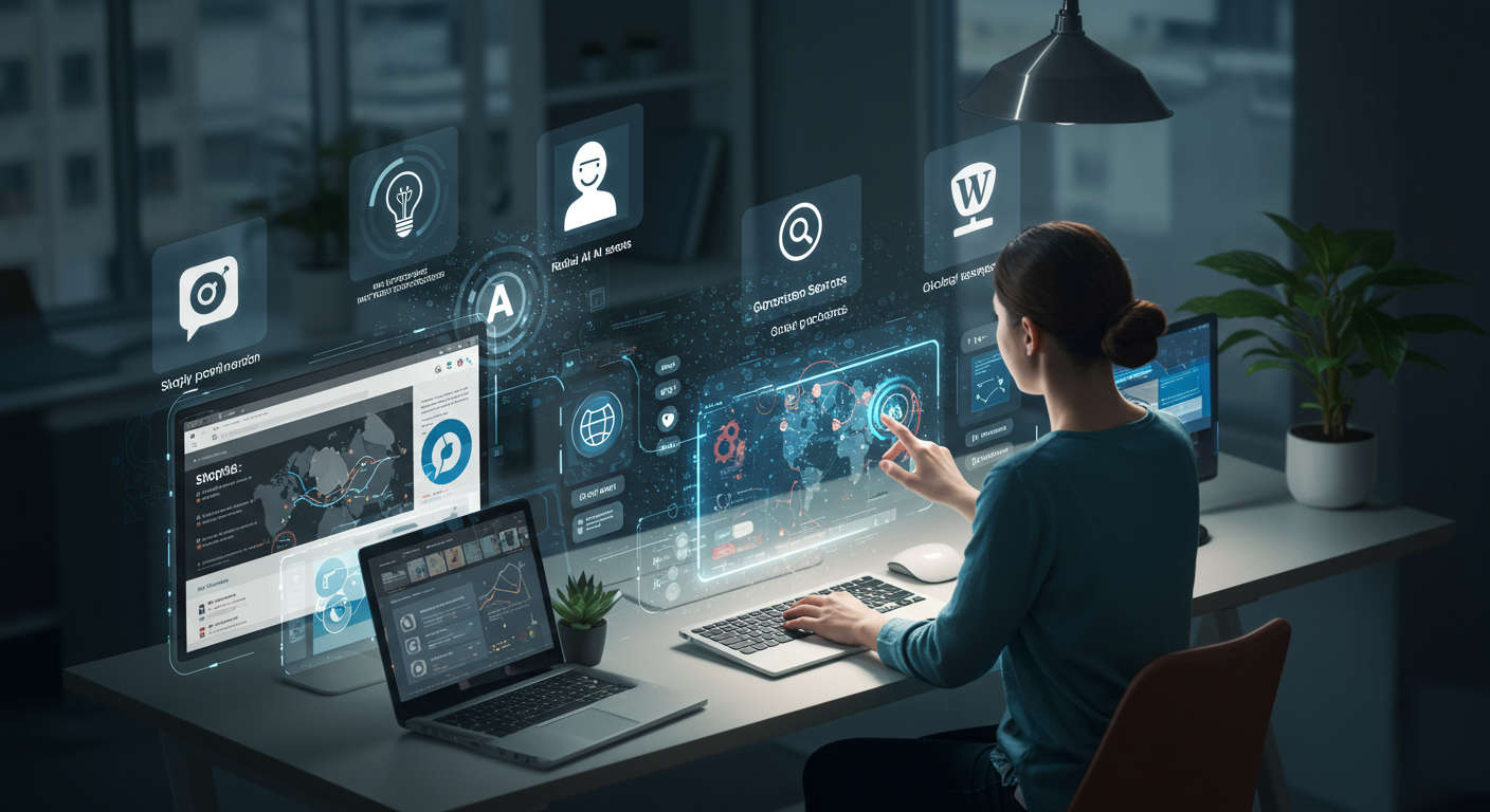 Futuristic small business environment showcasing AI breakthroughs with virtual agents, real-time voice AI, and multimodal processing on Shopify and WordPress platforms.