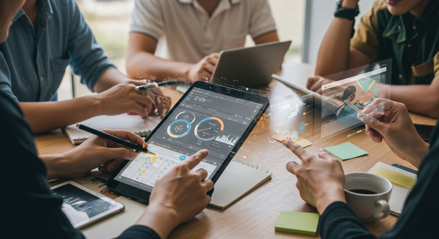 A diverse team of small business owners remotely coordinating content publishing schedules on multiple devices, digital calendar and clock overlays, emphasising automation and consistency, bright contemporary workspace