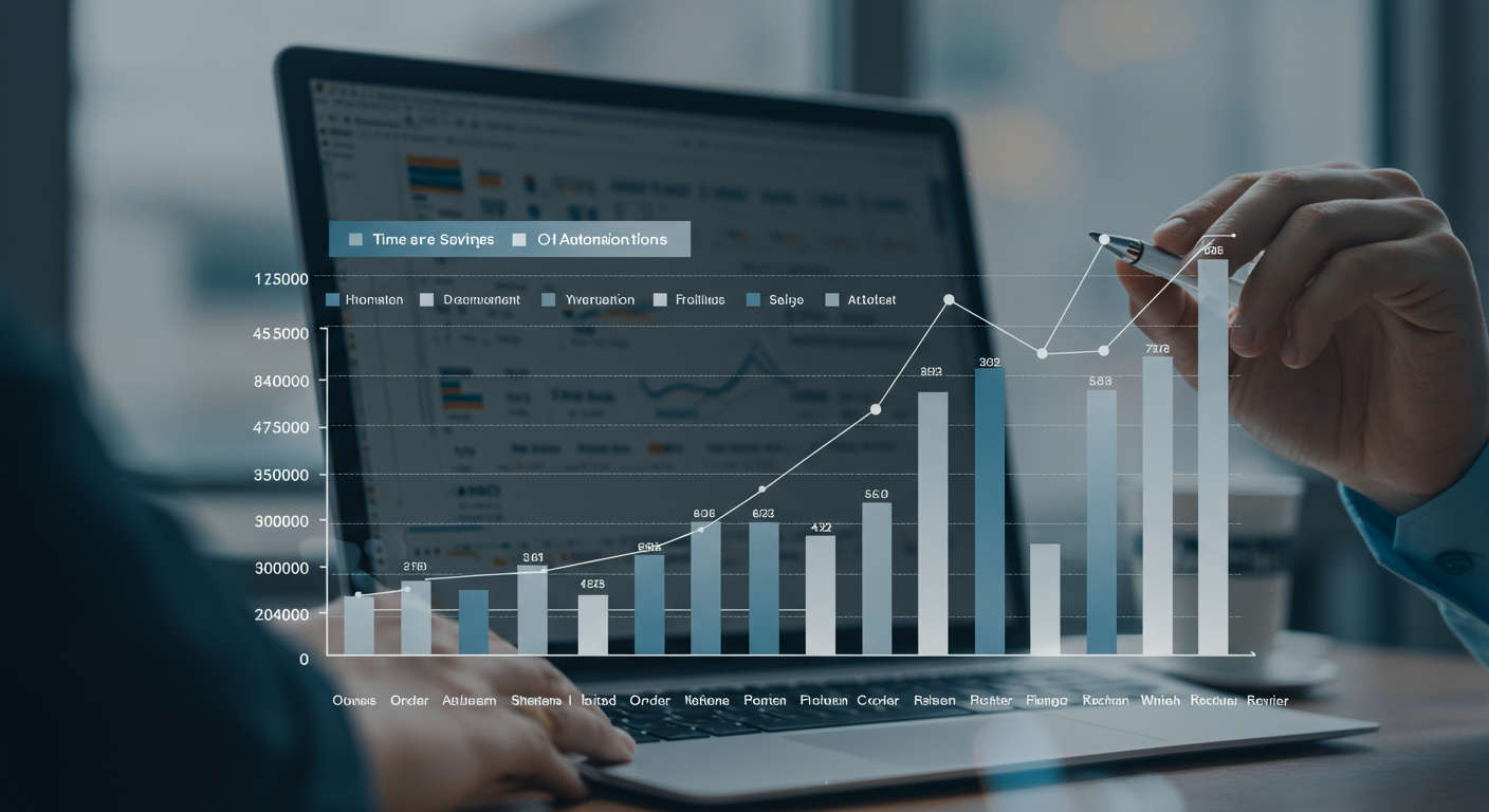 Graph showing time savings and cost reduction for ecommerce business with AI automation, modern style, clear colours, business context