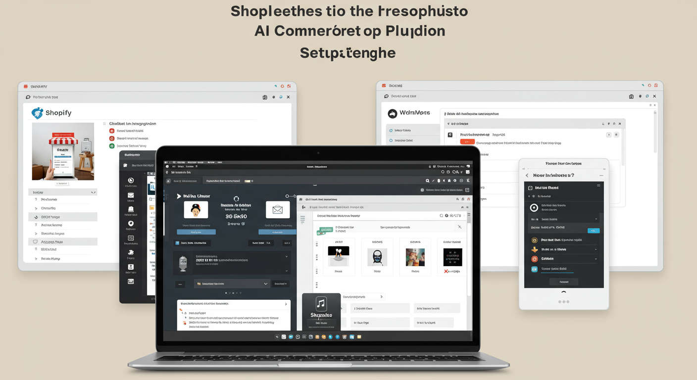 Setup process of AI automation on Shopify and WordPress, depicting plugins installation and configuration on laptop screens with e-commerce dashboards