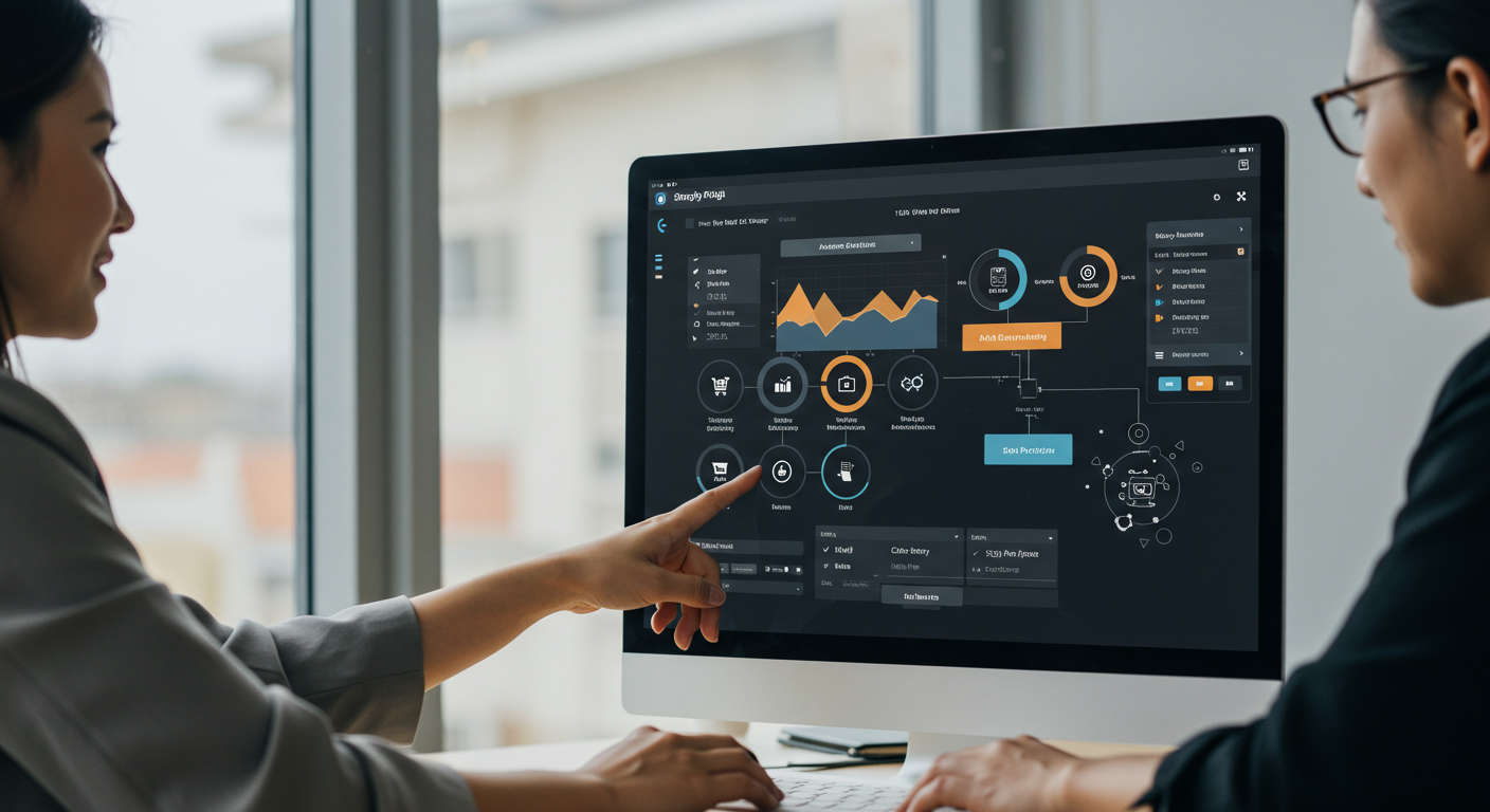 Shopify AI plugin dashboard displaying automation workflows and performance metrics with small business owners interacting in office environment