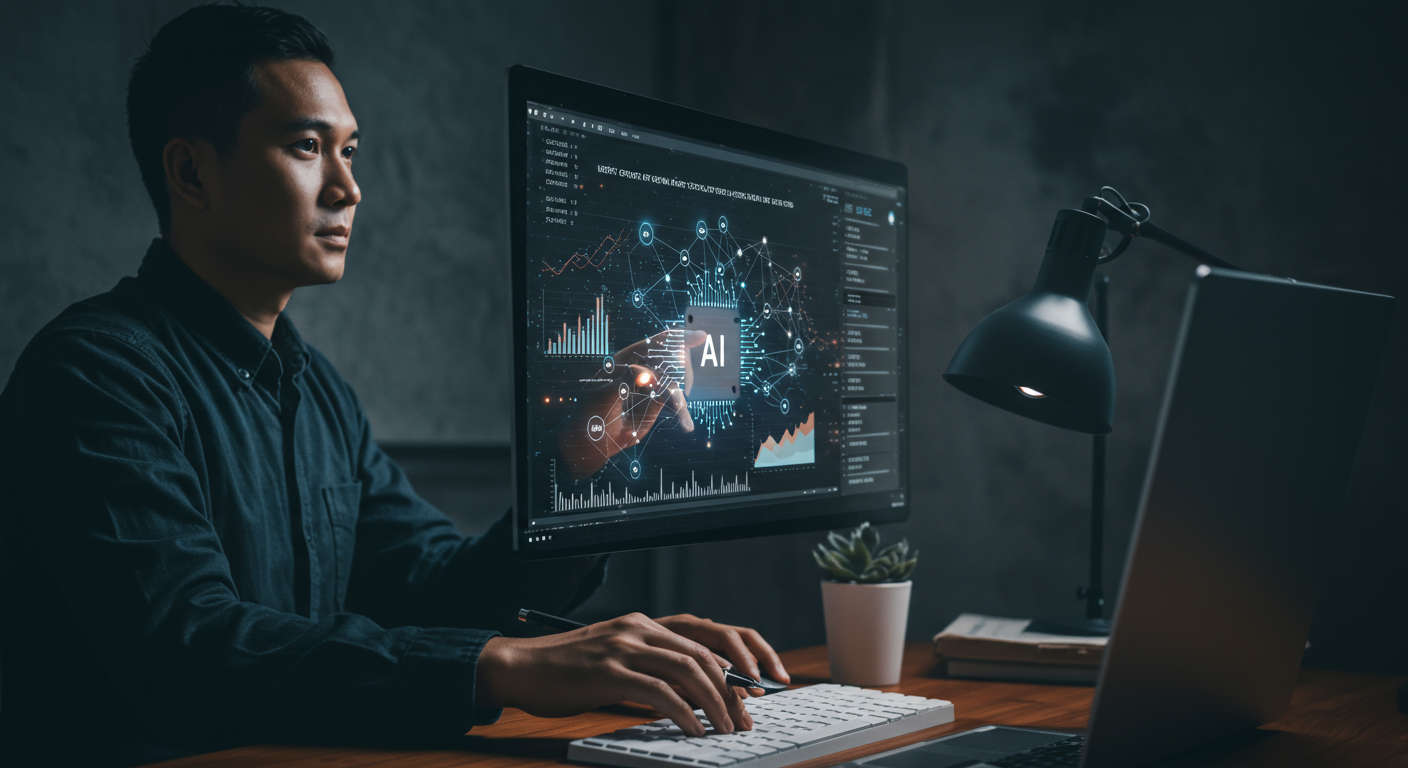 AI agent analysing a vast content library with data connections highlighting semantic internal linking opportunities using natural language processing