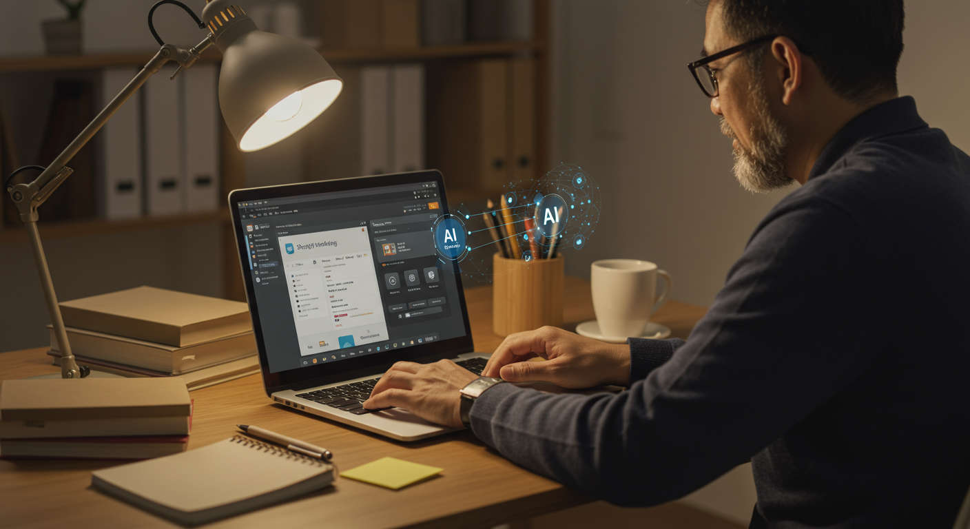 Small business owner using AI email marketing on laptop with Shopify and WordPress icons, modern home office setup, warm lighting