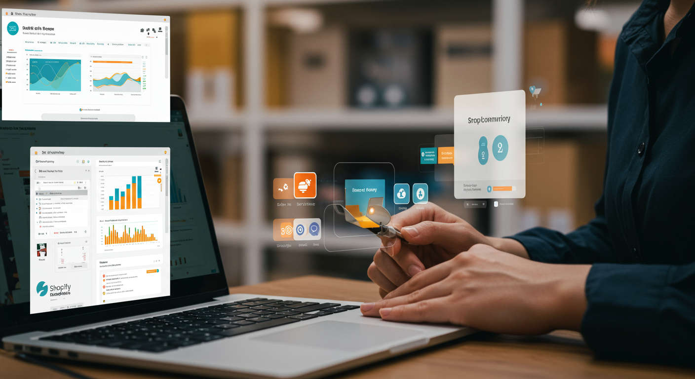 An online merchant managing inventory with multiple Shopify and WooCommerce interfaces showing seamless synchronisation of stock levels across channels with notifications and stock alerts